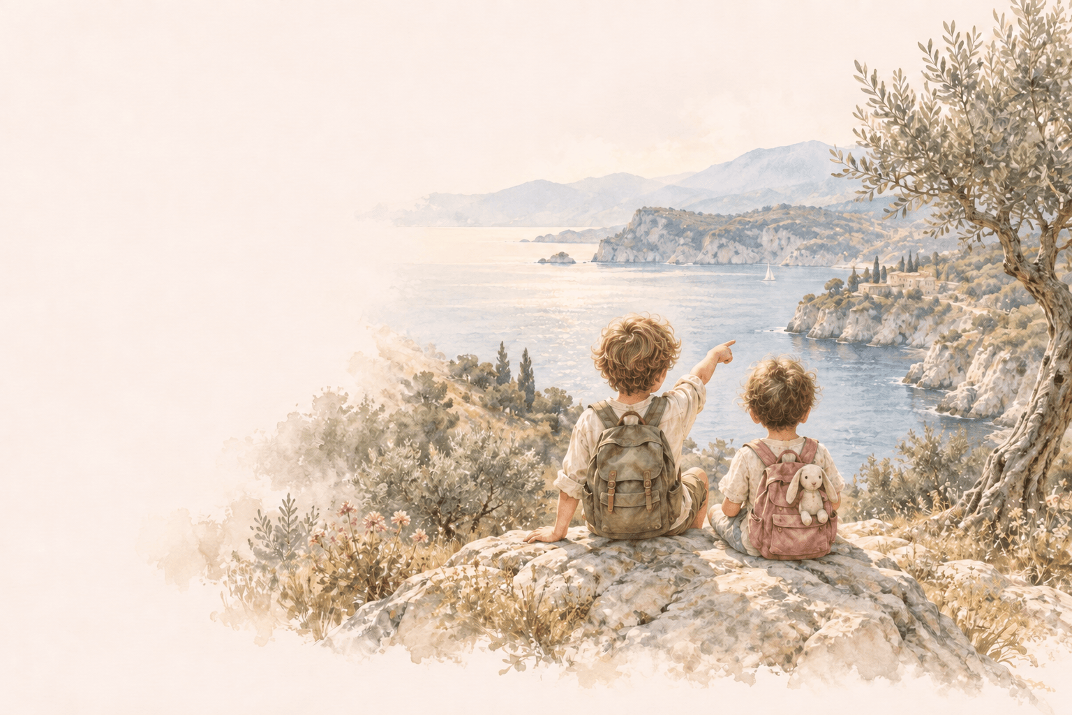 Deux garçons avec leurs sacs à dos contemplent un paysage méditerranéen.